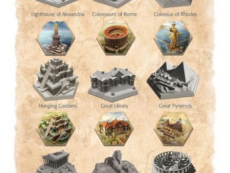 Mosaic: A Story of Civilization - 9 Wonders Hex Tiles Miniatures on Sale